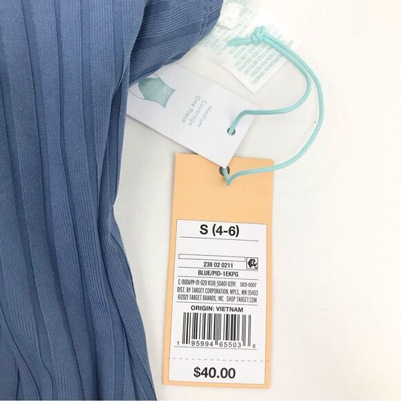 Kona Sol Blue Textured Stripe Ring Front Tie Back One Piece Bathing Suit - Picture 14 of 16